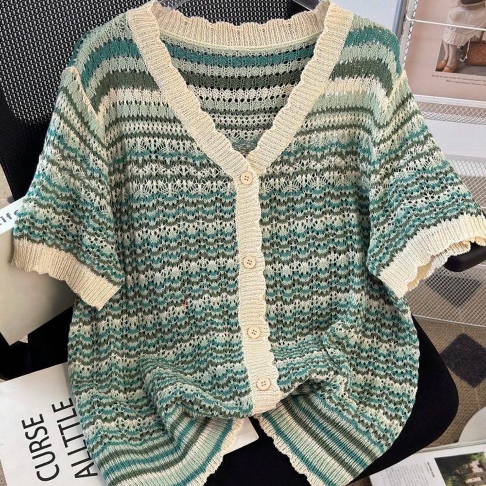 SHEIN Green and Cream Knit Cardigan